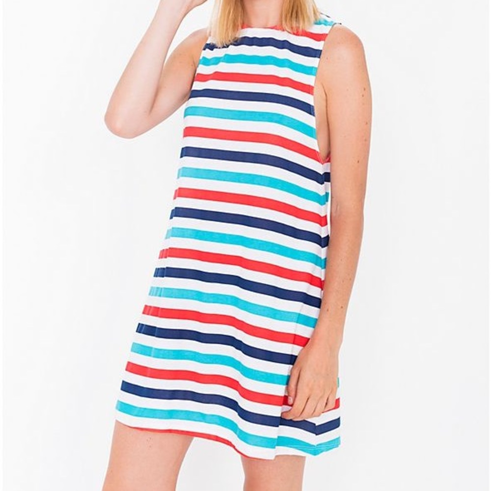 NWOT AA tan navy drop sleeve striped swing dress